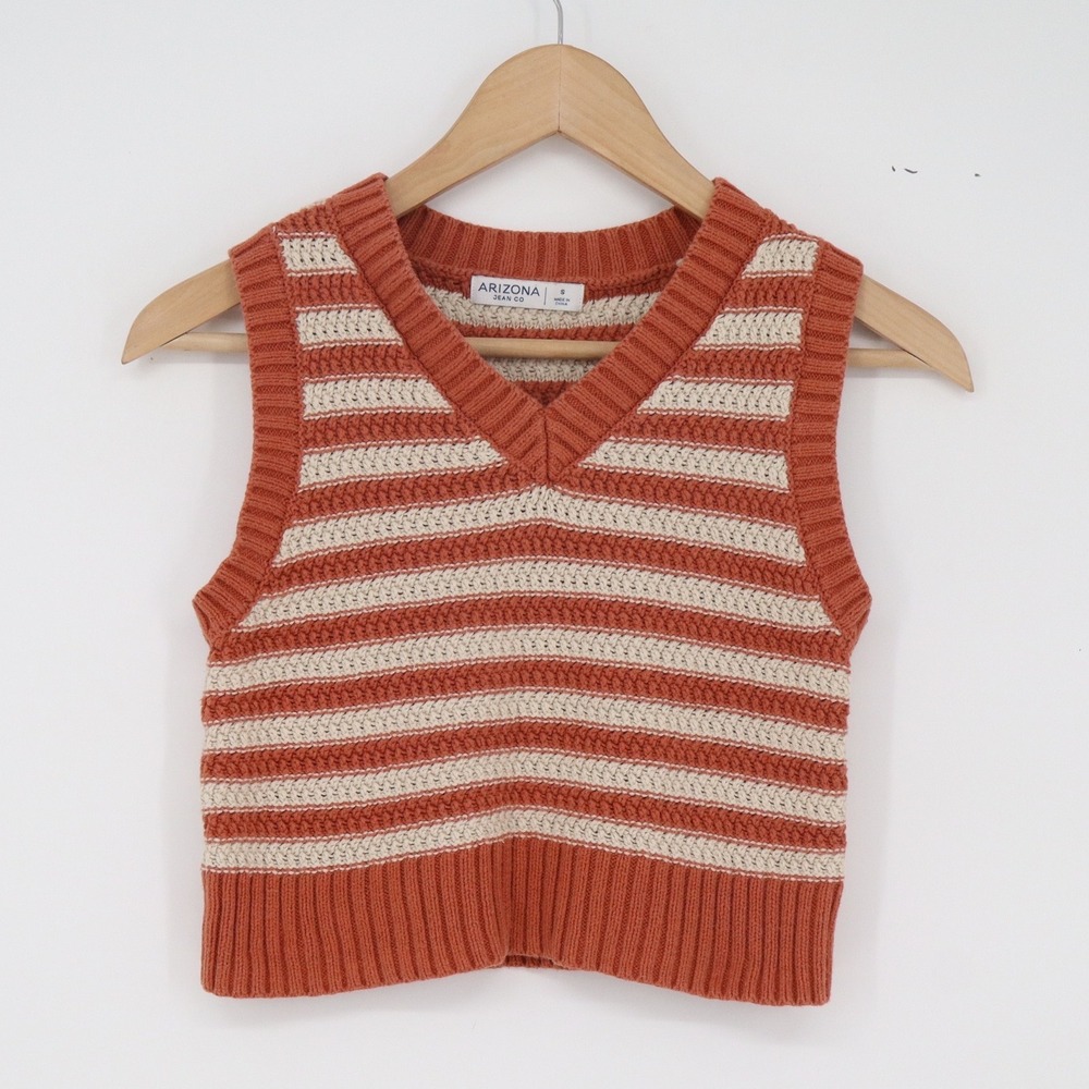 Arizona Jean Co Sweater Vest Womens S Cropped Orange Striped V-Neck Excellent